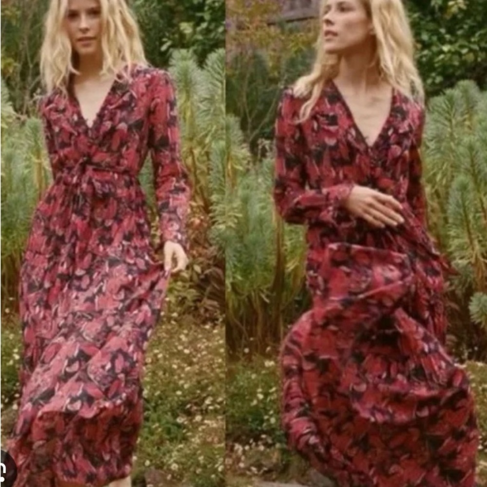 Doen Assam Cotton Floral Ruffle Long Sleeve Maxi Dress in Black Tropical Floral